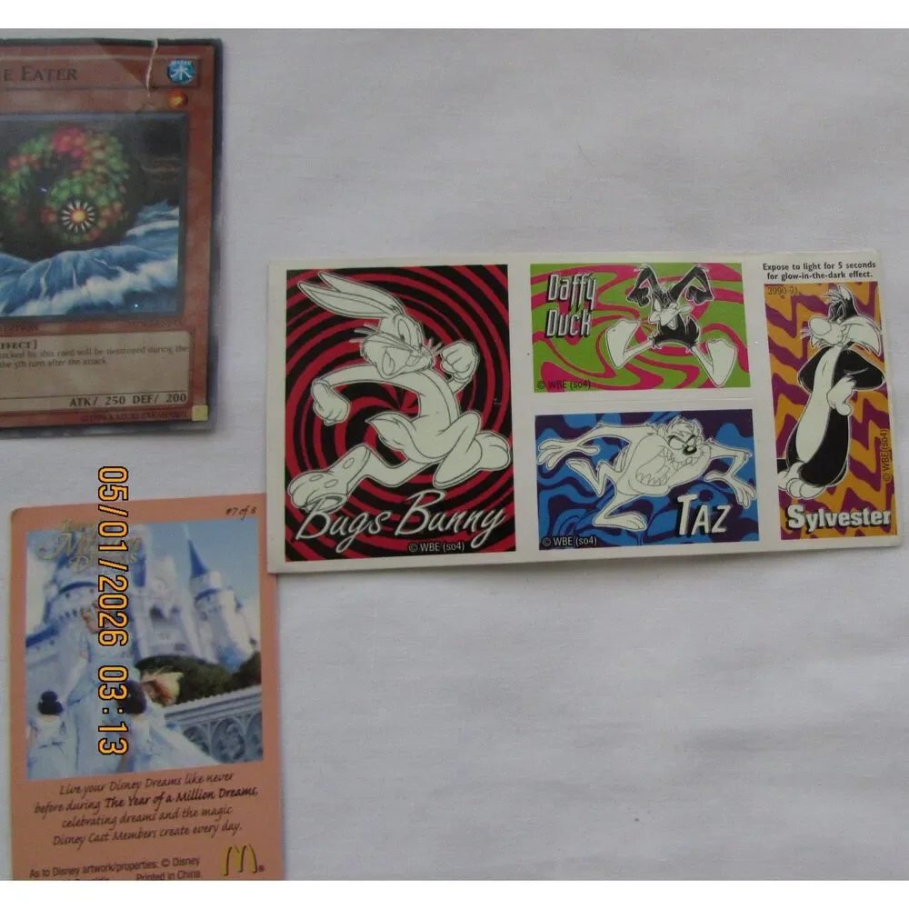 Vintage Yu-Gi-Oh cards, Shrek cards, Crackerjack cards, Bugs Bunny, Taz stickers